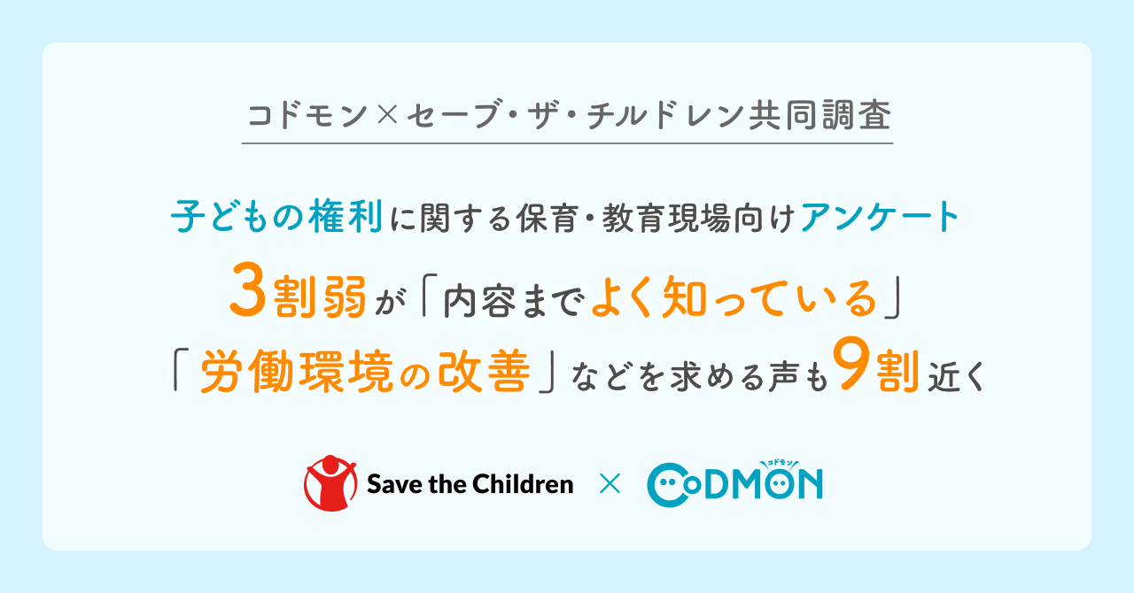 【コドモン×セーブ・ザ・チルドレン共同調査】 子どもの権利に関する保育・教育現場向けアンケート 3割弱が「内容までよく知っている」 「労働環境の改善」などを求める声も９割近く